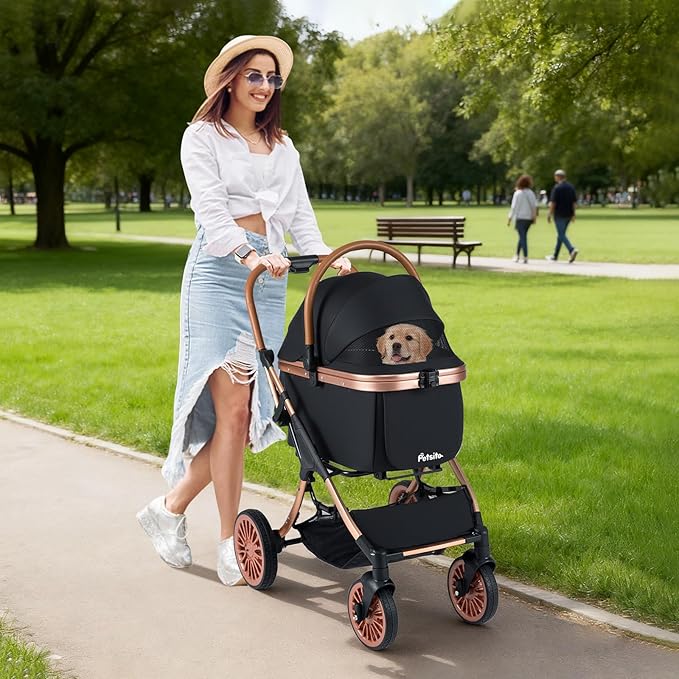 PETSITE 3-in-1 Pet Stroller for Small & Medium Sized Dogs, Foldable 4 Wheels Dog Stroller with Removable Carrier, Sun Shade, Removable Pad, Safety Belt, Storage Basket & Cup Holder