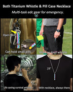 Titanium Pill Holder Necklace for Men Women Emergency Whistle Mini Keychain Nitro Pill Case with Loud Whistles EDC Safety Backpacking Survival Hiking Camping Pets Training