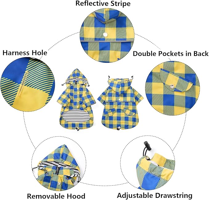 Dog rain Coat Waterproof Raincoat Puppy Jacket with Legs Buttons Zipper Hood Drawstring Fit for Yorkie Terrier Schnauzer Poodle Border Collie Labrador Golden Retriever 8lbs to 80lbs Yellow L