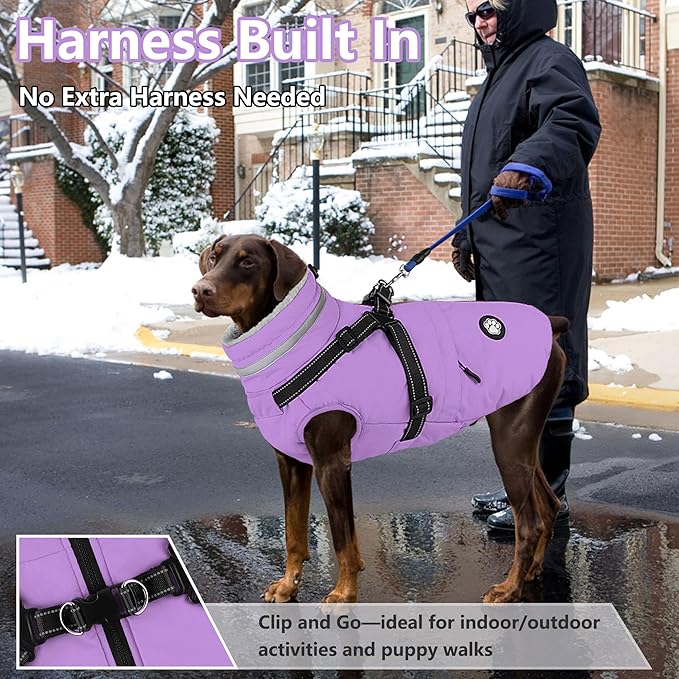 Dogcheer Dog Coat with Harness, Waterproof Dog Jacket, Reflective Puppy Winter Jacket with Pocket, Doggy Turtleneck Fleece Vest for Small Medium Large Dogs - Taro Purple, M