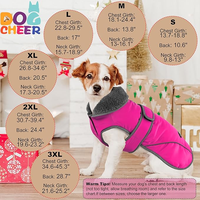 Dogcheer Dog Coat, Waterproof Dog Jacket Reflective Pet Winter Coat with Adjustable Hook & Loop, Christmas Puppy Fleece Jacket Warm Turtleneck Snowsuit for Small Medium Large Dogs - Pink, M