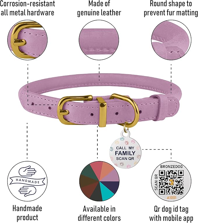 BronzeDog Rolled Leather Dog Collar with QR ID Tag, Adjustable Soft Round Collars for Small Medium Large Dogs Puppy (9" - 11" Neck Size, Lavender)