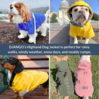 DJANGO Highland Dog Jacket & Raincoat – Water-Repellent, Lined Dog Coat with Hood, Adjustable Fit & Harness Hole – Lightweight Rain & Wind Jacket for Small & Medium Dogs up to 30 lbs (Olive, Large)