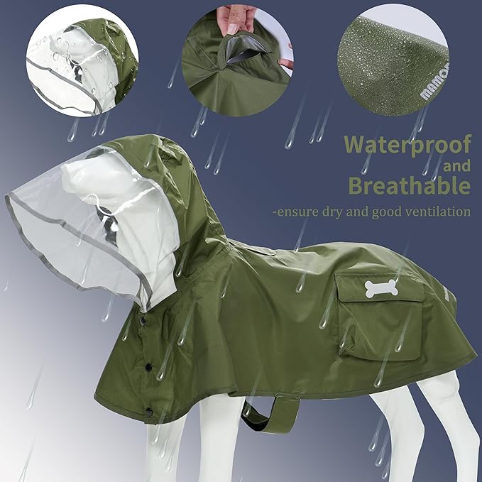 Waterproof Dog Raincoat, Adjustable Reflective Lightweight Pet Rain Clothes with Poncho Hood (Army Green, XX-Large)
