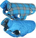 VIVAGLORY Softjoy Dog Coat, Dog Jacket for Winter & Christmas, Coat with Harness Hole & Velcro Closure, Reversible Plaid Checkered Warm Fluffy Heavy Duty for Puppy, XL, Blue