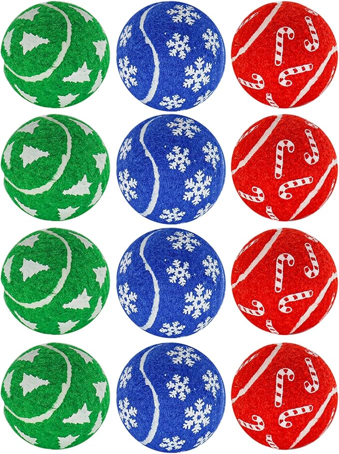 Christmas Dog Balls, 12 Pack 2.5'' Squeaky Tennis Balls for Dogs | Gift for Puppy Birthday & Christmas Decoration, Come with Mesh Bag, Small Medium Large Breeds