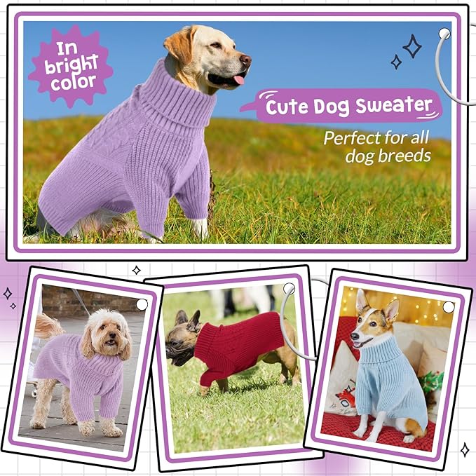 Queenmore Dog Sweater for Small Puppies & Large Dogs - Warm Winter Fall Sweater, Solid Turtleneck Knit with Long Sleeves, Lilac Color, XL