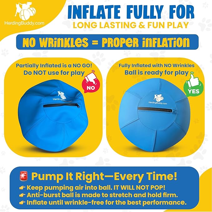 Herding Ball for Dogs - 18” Cover for Corgi, Collie, Cattle & All Herding Dogs Under 27 Pounds - Heavy Duty Dual Layered Cover - Thick Anti-Burst Inner Ball - High Flow Foot Pump
