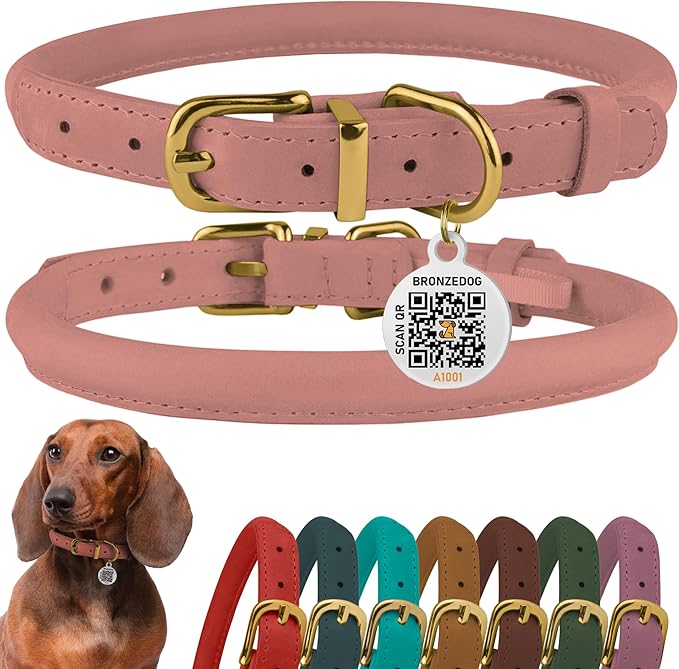 BronzeDog Rolled Leather Dog Collar with QR ID Tag, Adjustable Soft Round Collars for Small Medium Large Dogs Puppy (7" - 10" Neck Size, Peach)