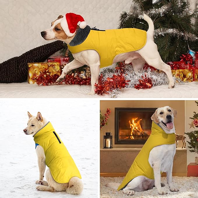 Dog Winter Coat, Waterproof Dog Jacket with Leash Hole, Reflective Adjustable Pet Snow Vest, Warm Fleece Sweater for Small Medium Large Dogs - Yellow, XL