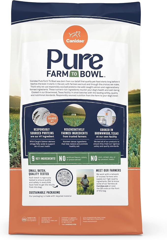 CANIDAE Pure Farm to Bowl Wild-Caught Salmon & Barley, Adult, Dry Dog Food, 4lb