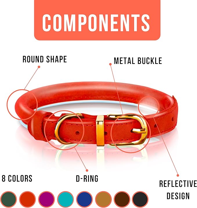 OOPSDOGGY Reflective Rolled Leather Dog Collar Adjustable Soft Padded Pet Collar for Small Medium Large Breed Dogs (Red, S, 10"-13")