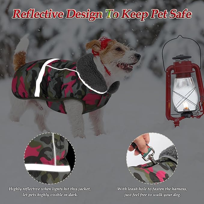 Dogcheer Warm Dog Coat, Waterproof Dog Jacket Reflective Adjustable Puppy Winter Coat with Buckle, Christmas Pet Snow Jacket Turtleneck Fleece Sweater for Small Medium Large Dogs - Camo Pink, 2XL