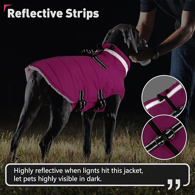 Dogcheer Dog Coat, Waterproof Dog Jacket with Harness, Reflective Adjustable Puppy Winter Coat with Zipper, Christmas Snow Jacket Clothes for Small Medium Large Dogs - Pink 2XL