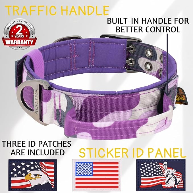 ADITYNA Heavy Duty Dog Collar for Extra-Large Dogs - Camo Purple Collar with Handle for Training, and Walking - Wide, Thick, Tactical, Soft Neoprene Padded