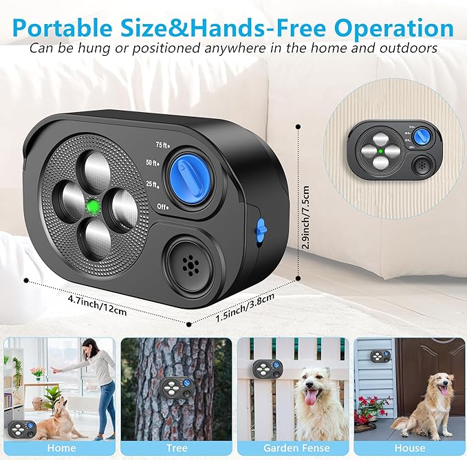 BONSO Ultrasonic Anti Barking Device for Dogs, Bark Control Device Box with 3 Modes, Variable Ultrasound Frequencies, Automatic Dog Whistle, Effective Range up to 75ft, Neighbor Dog Silencer (Black)
