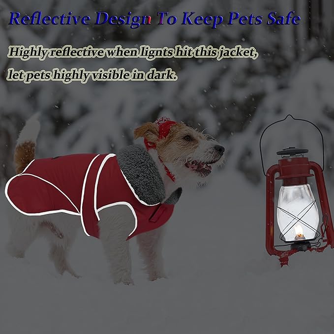 Dogcheer Dog Coat, Waterproof Dog Jacket Reflective Pet Winter Coat with Adjustable Hook & Loop, Christmas Puppy Fleece Jacket Warm Turtleneck Snowsuit for Small Medium Large Dogs - Red, 2XL
