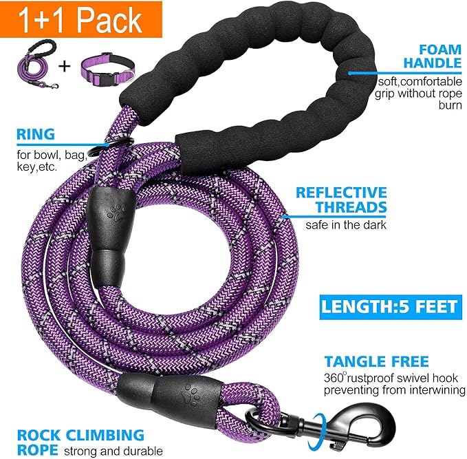 Reflective Dog Collar Padded with Soft Neoprene Breathable Adjustable Nylon Dog Collars for Small Medium Large Dogs (Large (Pack of 1), Purple Collar+Leash)