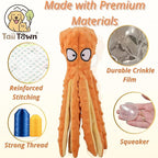 Orange Octopus Dog Toy – Squeaky & Crinkle Plush – Durable No Stuffing Chew Toy for Small Medium Large Dogs Puppies & Seniors – Interactive Safe Soft Toy for Tug Fetch Play – Tail Town