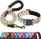 Reflective Dog Collar Padded with Soft Neoprene Breathable Adjustable Nylon Dog Collars for Small Medium Large Dogs (Large (Pack of 1), Vanilla Plaid Collar+Leash)