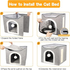 Heated Cat Bed for Indoor Cats, Foldable Cat House with Removable Heating Pad for Cats Small Dog Covered Cat Bed Cave Kitty Hideaway with with Scratch Pad, All Season Use