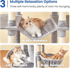 MWPO Extra Large Cat Tree, 77.6-Inch Tall Cat Tower for Indoor Cats with 2 Condos, Multi-Level Cat Stand for Large Cats, 3 Hammocks, Wide Perch, Scratching Posts, Dangling Toys, Light Grey