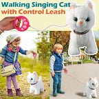White Leash Walking Cat Set Singing That Purrs and Meows Animated Plush Robot Kitten Pet Moving Plush Realistic Stuffed Animal Remote Control Cute Kawai Robotic Kitty Toy for Kid