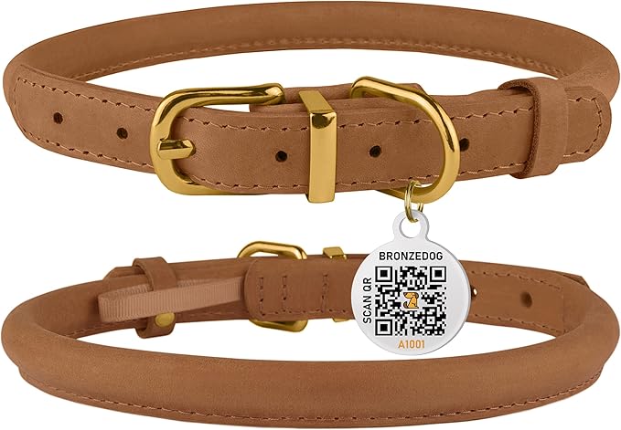 BronzeDog Rolled Leather Dog Collar with QR ID Tag, Adjustable Soft Round Collars for Small Medium Large Dogs Puppy (9" - 11" Neck Size, Light Brown)