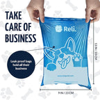 Reli. Biodegradable Dog Poop Bags Rolls (600 Pack, 40 Rolls) | 9"x13" Poop Bags for Dogs | Unscented, Leak Proof Oxobiodegradable Pet Waste Eco-Friendly | Blue | Leash Clip Holder Included