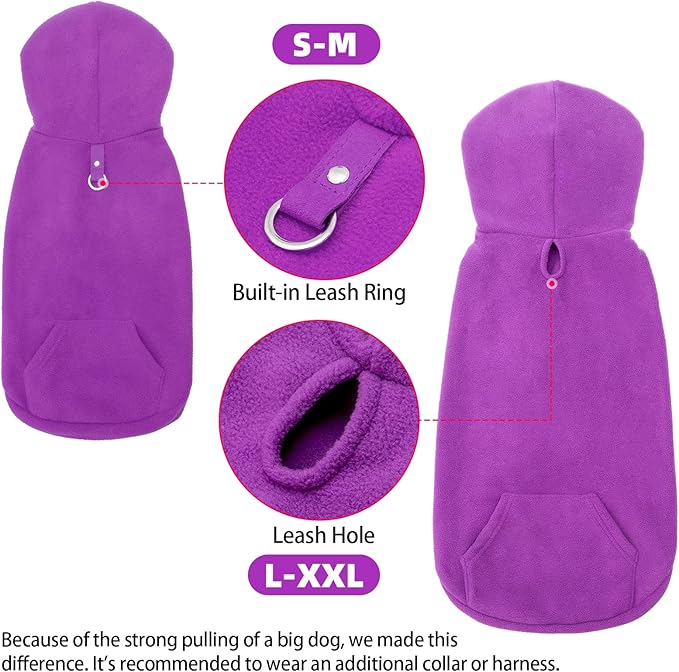 EXPAWLORER Dog Hoodie Fleece Sweater Vest, Hooded Dog Sweatshirt Fall Winter Pet Clothes with Leash Hole, Sleeveless Warm Cozy Puppy Clothing for Cat Small Medium Large Dogs Girl Boy, Purple XL