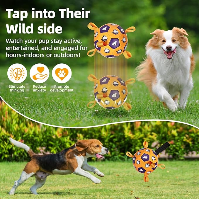 Dog Toys Soccer Ball, Soccer Ball with Straps, Interactive Dog Toys for Tug of War, Dog Water Toy, Durable Dogs Balls for Small Medium & Large Dogs