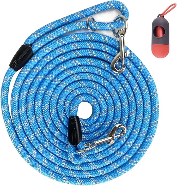 Long Rope Dog Leash for Dog Training 12FT 20FT 30FT 50FT, Reflective Threads Dog Cat Leashes Tie-Out Check Cord Recall Training Agility Lead for Large Medium Small Dogs (Blue, 10mm*50ft)