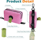 PetBonus Dog Poop Bag Holder, Portable Pet Waste Bag Dispenser, 2 Pouches for Treats and Walking Accessories, Fit All Leashes, Includes 1 Roll of Dog Poop Bags (Pink)