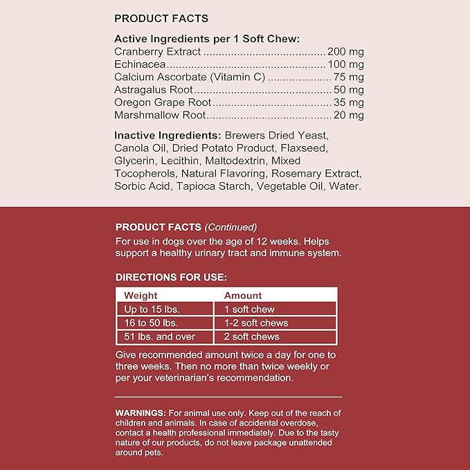 Dog UTI Treatment Cranberry Supplement for Dogs, 120 Soft Chews - Natural Urinary Tract Infection Support and Healthy Bladder Control – Made with Echinacea and Vitamin C