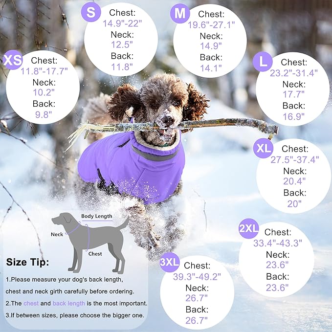 Dogcheer Dog Coat with Harness, Waterproof Dog Jacket Adjustable Winter Coat with Zipper, Christmas Puppy Snow Jacket Fleece Sweater for Small Medium Large Dogs - Taro Purple 3XL