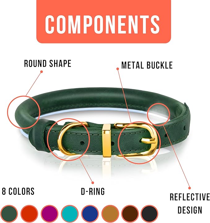 OOPSDOGGY Reflective Rolled Leather Dog Collar Adjustable Soft Padded Pet Collar for Small Medium Large Breed Dogs (Green, L, 14"-18")