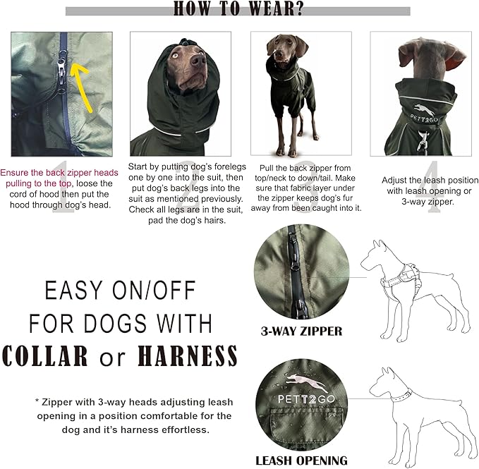 Dog Lightweight Windbreaker, Dog Outdoor 4-Legs Jacket, 0.5 lbs,Durable Water Repellent, Hooded, Easy on/Off with Collar and Harness, Reflective, Packable,Dark Olive (X-Small)