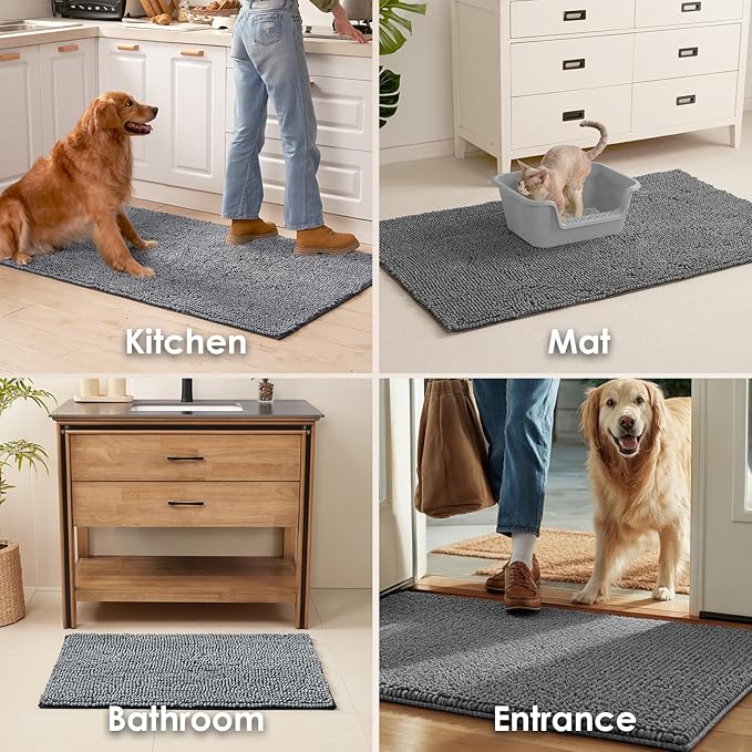 EHEYCIGA Super Absorbent Dog Door Mat for Muddy Paws 36x24 Inch Indoor, Front Doormat Outside Entrance, Quick Dry Chenille Washable Dog Crate Bed, Non-Slip Pet Rug Mud Mat Outdoor Entryway, Grey