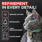 WAUDOG Ultra Soft Rolled Leather Cat Collar with Removable Bell, Safety Elastic Strap and QR ID Tag - Soft Padded for Small, Medium, and Large Cats - Round Kitten Collar for Male and Female Cats