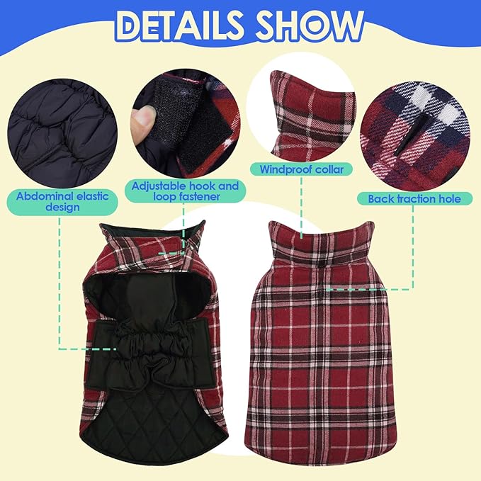MIGOHI Dog Jackets for Winter, Windproof Waterproof Reversible Dog Coat for Cold Weather, British Style Plaid Warm Dogs Vest for Small Medium Large Dogs, Red, XL