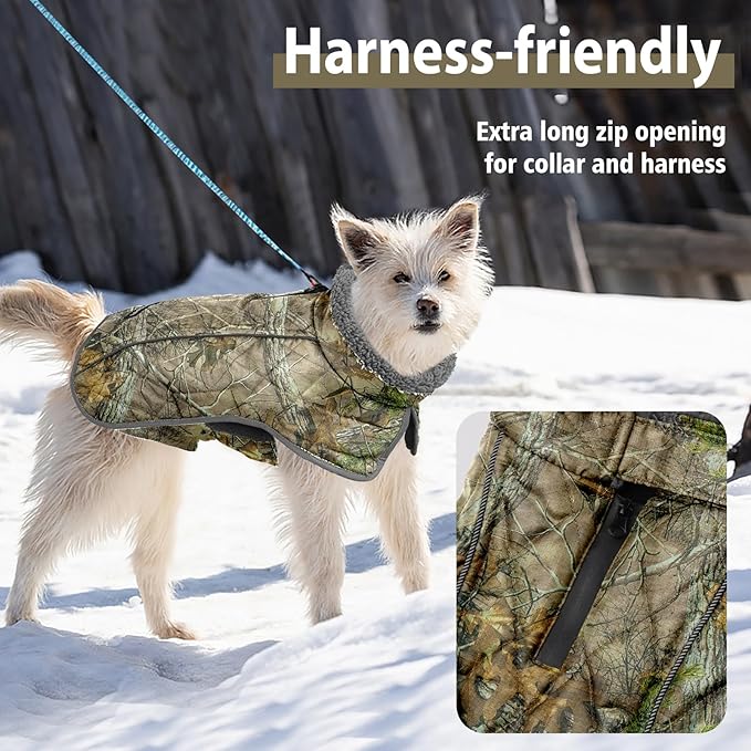 Fragralley Dog Coat Large, Waterproof Dog Jacket with Warm Fleece Lining, Adjustable Reflective Dogs Winter Coat, Turtleneck Pet Coats for Cold Weather (Reed Camouflage XL)