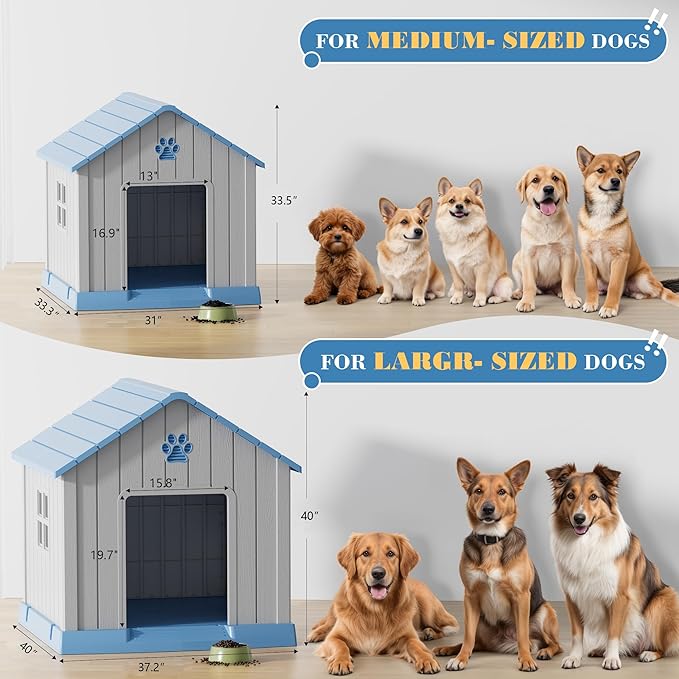 Dog House Outdoor Indoor - Waterproof, Ventilated, Easy to Clean, Elevated Floor for Small-Large Dogs, Easy to Assemble (Blue, 31" L x 33.3" W x 33.5" H)
