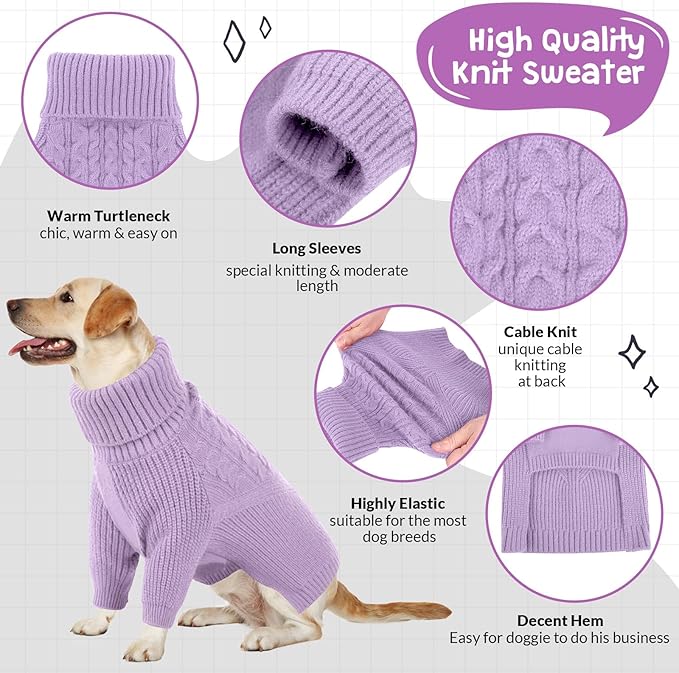 Queenmore XXL Dog Sweater, Dog Sweaters for Large Dogs Girl or Boy, Dog Christmas Sweaters XXL, Winter Big Dog Sweatshirt Knitwear, Pet Chunky Warm Coat for Small Medium Size Dogs, Lilac XXL