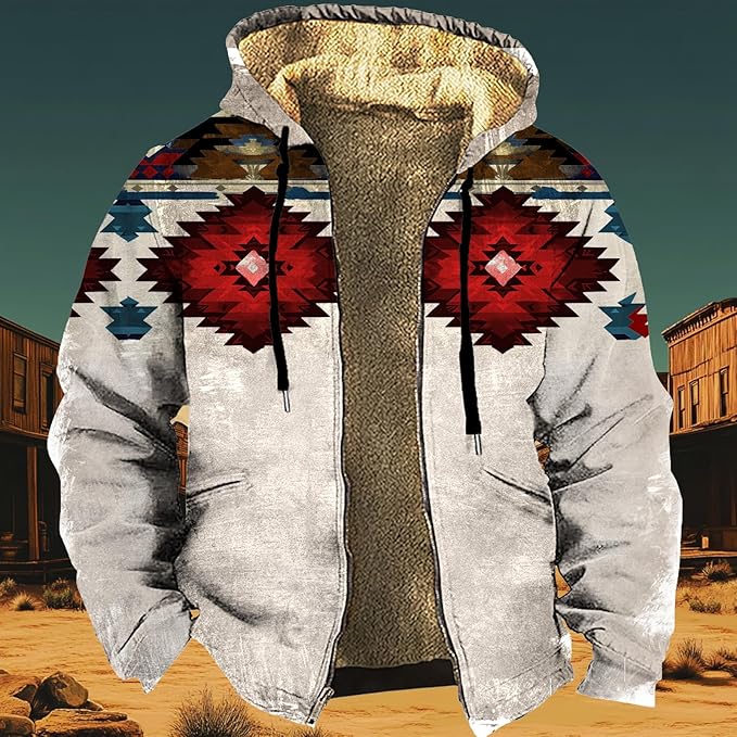 Men's Zip Up Jackets Western Style Ethnic Hoodie Hooded Vintage Long Sleeve Warm Coat Winter Outfits