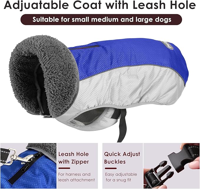 Dog Coat, Waterproof Ripstop Dog Winter Jacket with Leash Hole, Reflective Adjustable Warm Pet Fleece Snow Sweater for Small Medium Large Dogs - Blue, XL