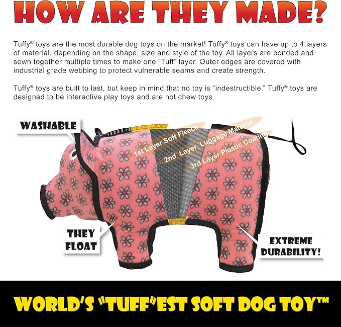 TUFFY - World's Tuffest Soft Dog Toy - Zoo Bear - Squeakers - Multiple Layers. Made Durable, Strong & Tough. Interactive Play (Tug, Toss & Fetch). Machine Washable & Floats. (Regular 2 Pack)