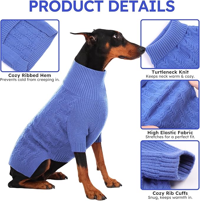 ASENKU XXL Dog Sweaters for Large Dogs Girls Boys, Doberman Sweater for Female Male, Winter Turtleneck Long Sleeve Pet Christmas Sweater for Golden Labrador,Blue 2XL