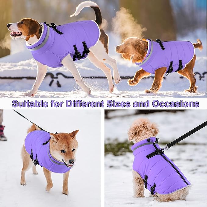 Dogcheer Dog Coat with Harness, Waterproof Dog Jacket Adjustable Winter Coat with Zipper, Christmas Puppy Snow Jacket Fleece Sweater for Small Medium Large Dogs - Taro Purple S