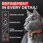 WAUDOG Ultra Soft Rolled Leather Cat Collar with Removable Bell, Safety Elastic Strap and QR ID Tag - Soft Padded for Small, Medium, and Large Cats - Round Kitten Collar for Male and Female Cats
