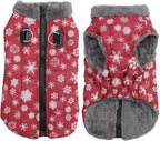 Warm Fleece Dog Coats with Durable Harness Buitl in D-Ring,Waterproof Doggie Jacket for Medium Dogs,Dog Vest for Cold Winter,Red,Snow Pattern XL
